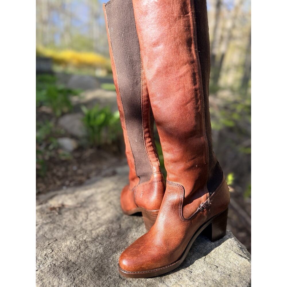 Frye Melissa Button Brown Leather Riding Boots Sz 6.5 B Tall Pull On Stretch 401 - Picture 13 of 13